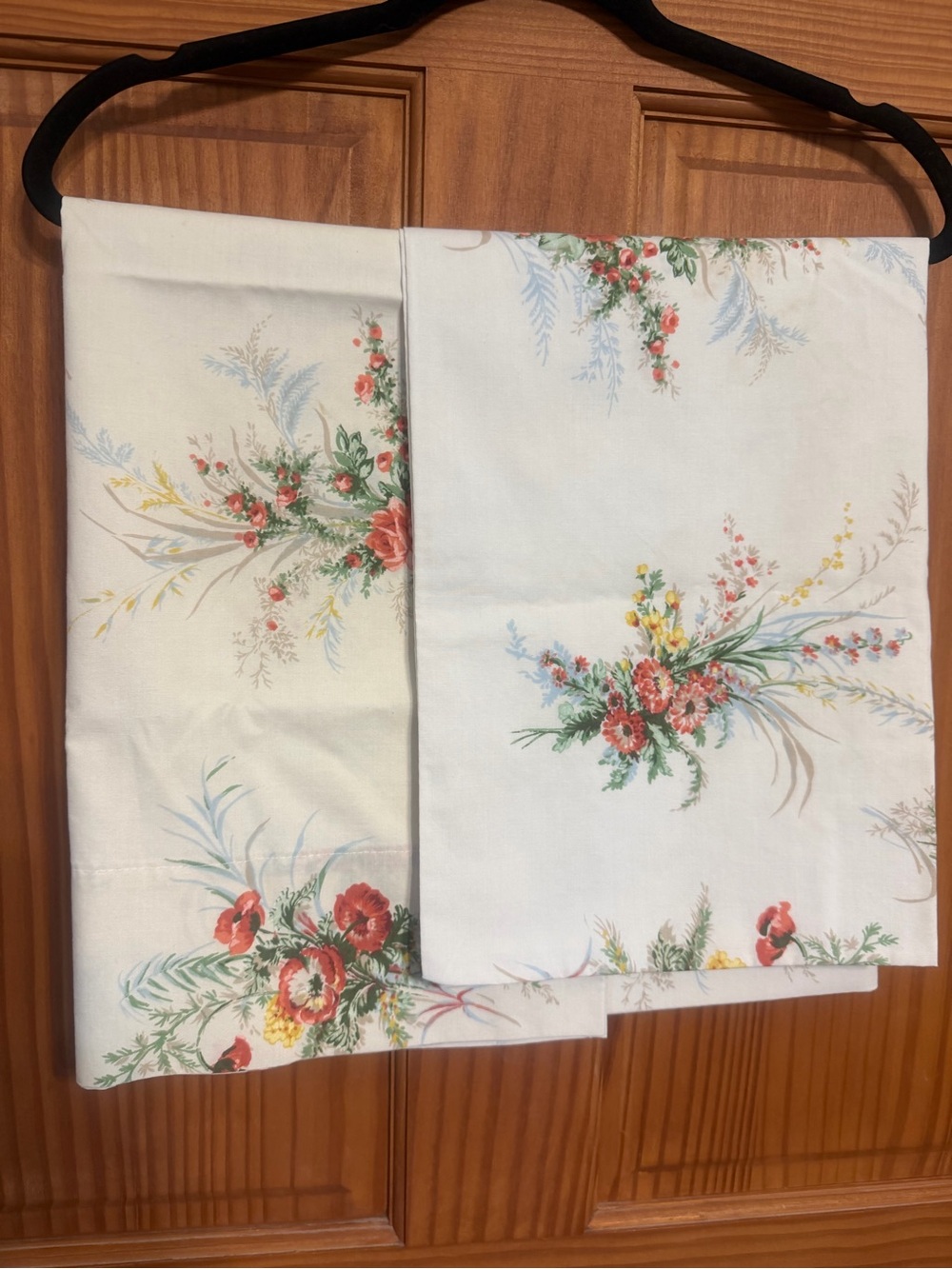 (2) Vintage Floral Printed Cotton Pillowcases - Red, Green, Yellow